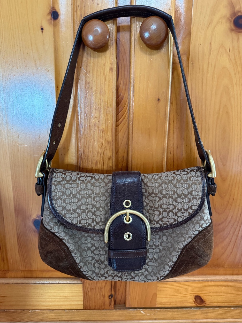 Vintage Coach Soho Signature Shoulder Bag Brown Jacquard Suede Trim Y2K